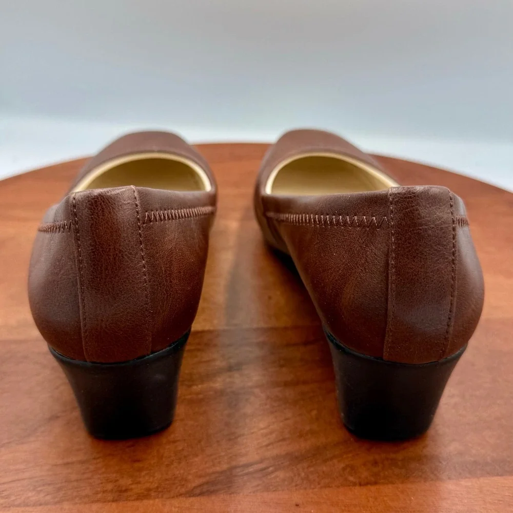 LifeStride Groovy Wedge Pumps Womens 8W Dark Tan Cowboy Brown Square Toe Comfort